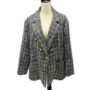 BloomChic Elegant Tweed Blazer with Gold Buttons Blue/White Metallic Gold 18-20